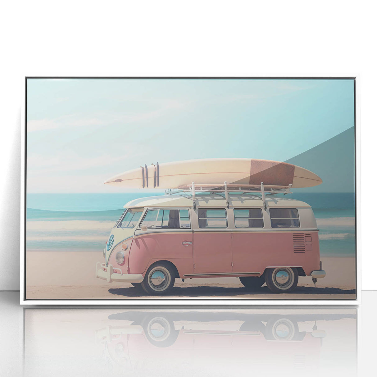 Art deco poster depicting a summer scene in soft pastel colors on a white framed acrylic, suitable for nursery wall decor.