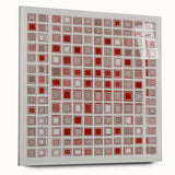 Abstract geometric acrylic glass art piece showcasing vibrant colors and sharp angles, designed for modern decor. Side view highlights its sleek, frameless style.