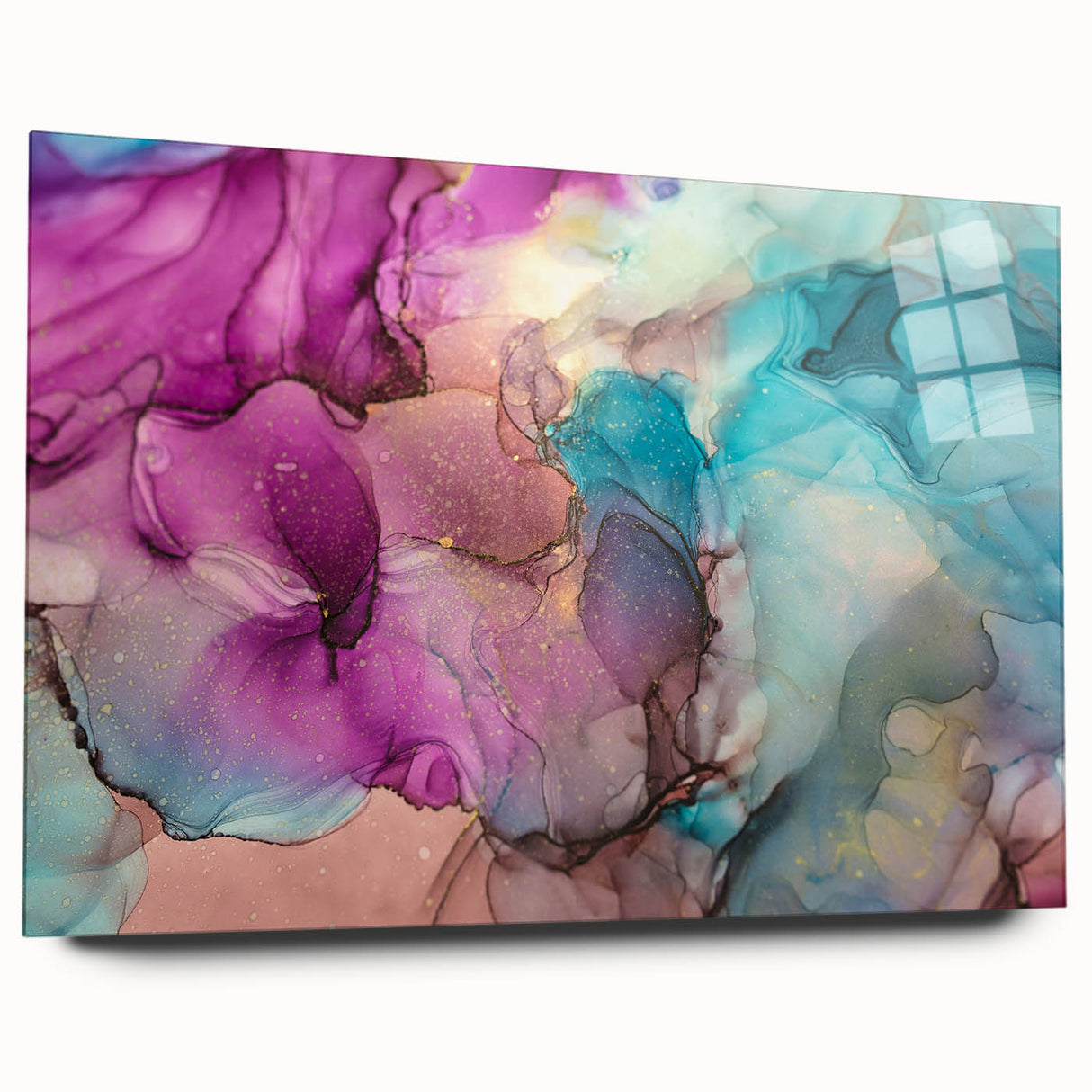 Abstract acrylic art piece showcasing vibrant splatters in a dynamic composition, displayed in a sleek glass frame, perfect for modern home decor and artistic interiors.