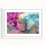 Abstract splatter art frame with a white mat, showcasing vibrant colors and dynamic patterns, perfect for modern home decor and artistic display.