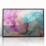 Framed abstract art piece showcasing vibrant splatter designs in shades of black, red, and blue, perfect for modern home decor or office aesthetics.