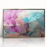 Framed acrylic artwork showcasing a vibrant abstract design with gold splatters on a dark background, perfect for contemporary home decor.