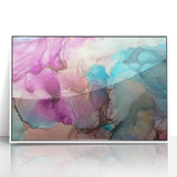 Framed acrylic artwork displaying vibrant abstract splatters in white and colorful hues, ideal for modern home decor and artistic interior design enhancement.