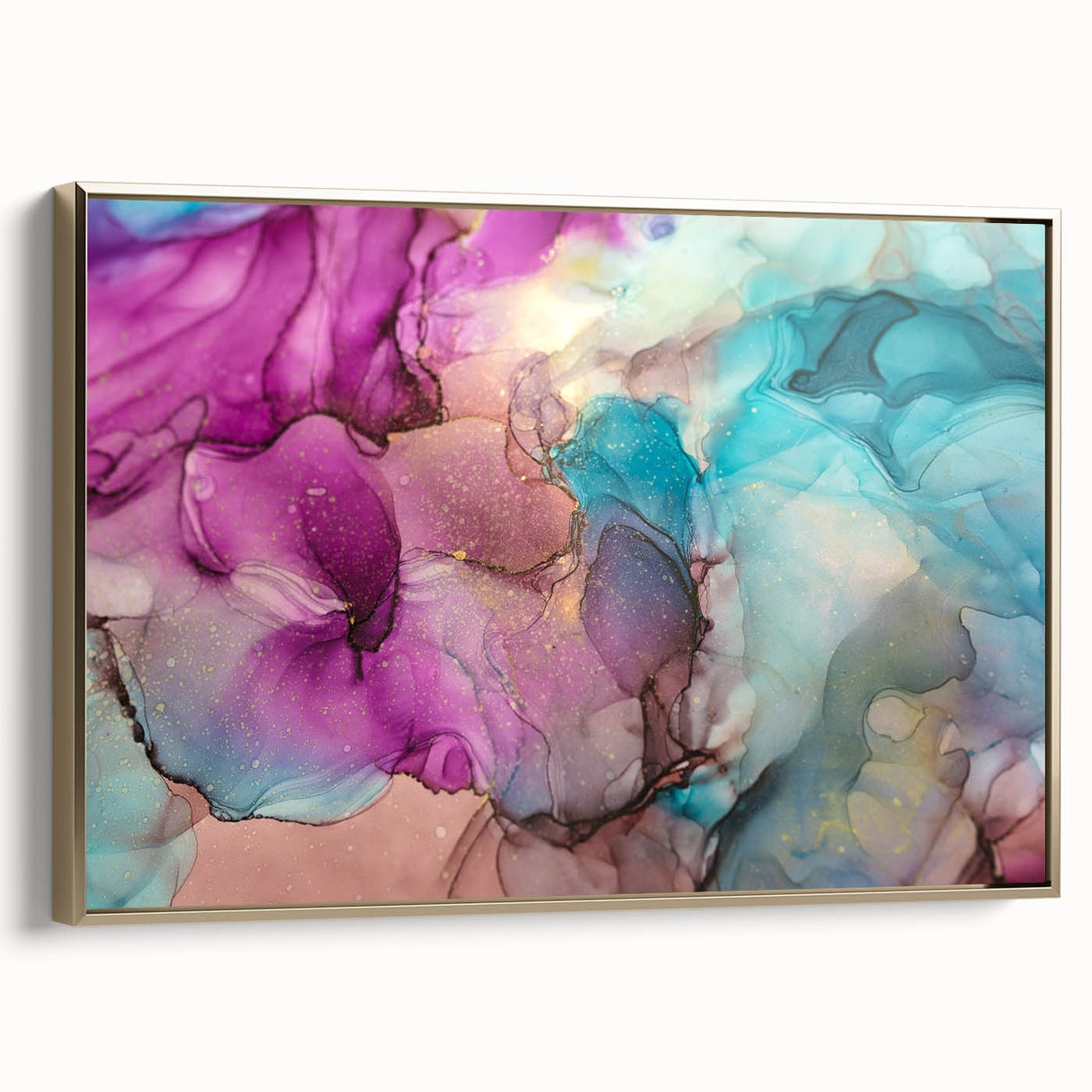 Framed canvas artwork showcasing abstract gold splatter design, featuring a sleek side view that highlights its modern aesthetic and elegant finish, perfect for contemporary decor.