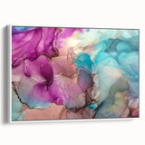 Framed abstract canvas art showcasing vibrant splatter designs in shades of blue, yellow, and red, displayed from a side view against a white background. Perfect for modern home decor.