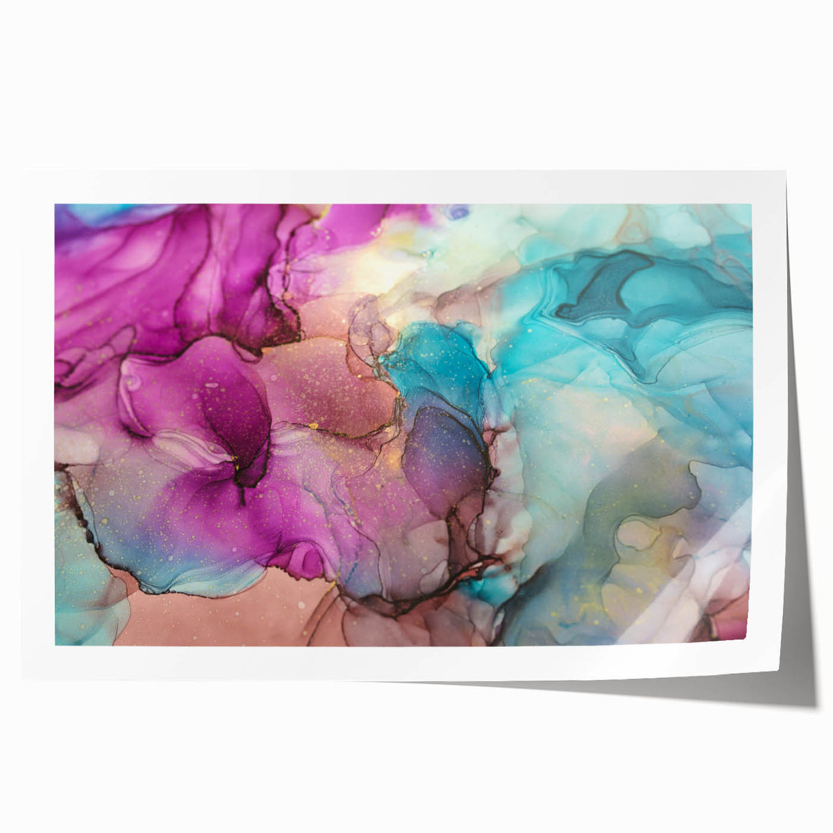 Abstract art print featuring vibrant splatter designs in bold colors, rolled for easy shipping, ideal for modern home decor and creative spaces. Perfect addition to contemporary art collections.