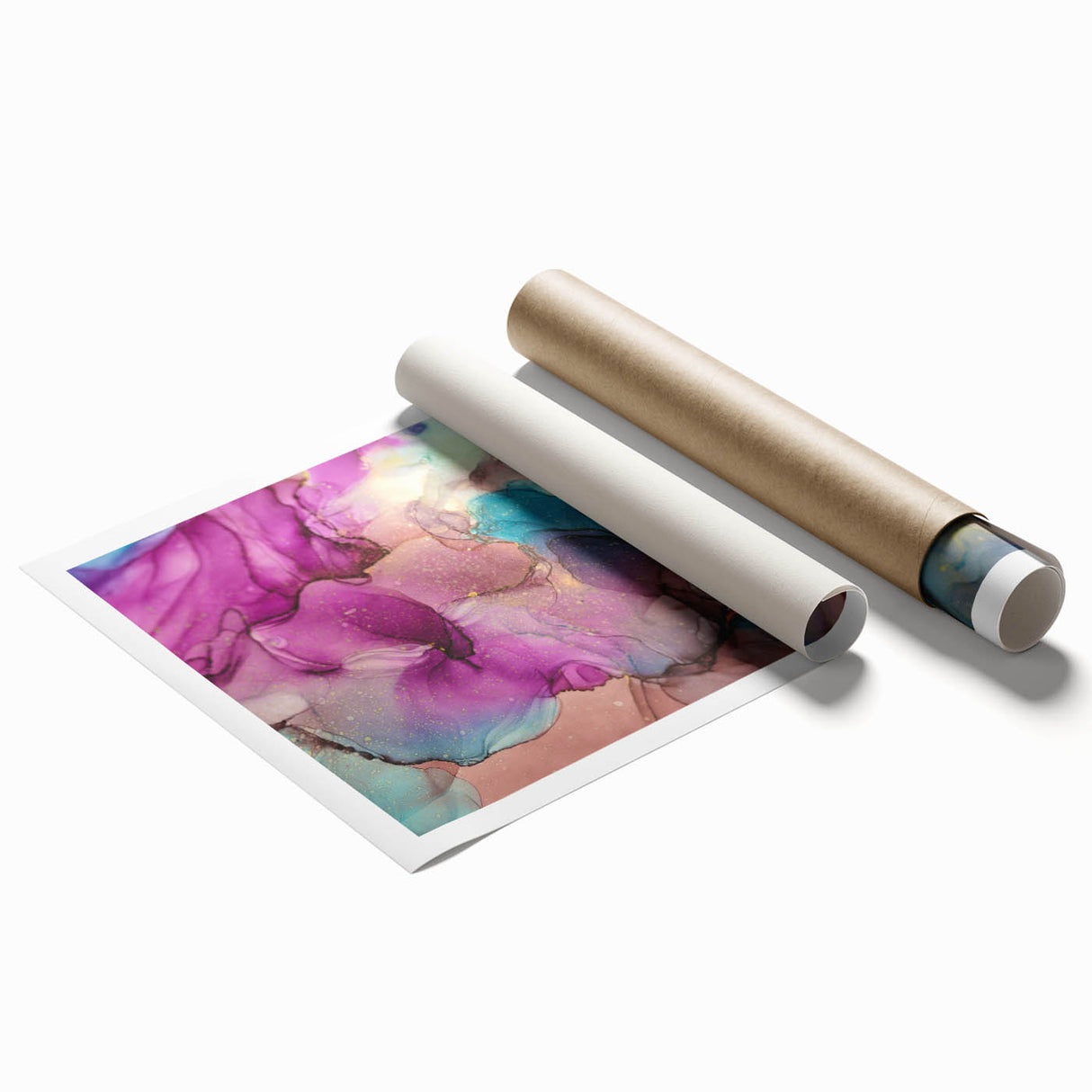 Colorful abstract splatter art print showcasing vibrant blues, reds, and yellows, expertly rolled for display. Ideal for modern home decor or artistic settings.