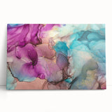 Abstract splatter art on stretched canvas showcasing vibrant colors like teal, orange, and yellow, adding a modern artistic touch to any decor. Perfect for contemporary interiors.