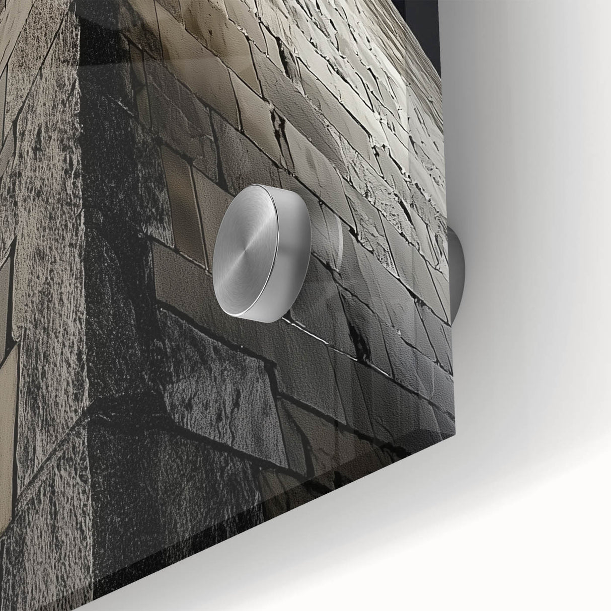 Large abstract wall art in mid-century modernist style, featuring geometric shapes in muted earth tones on acrylic glass.