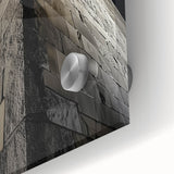 Large abstract wall art in mid-century modernist style, featuring geometric shapes in muted earth tones on acrylic glass.