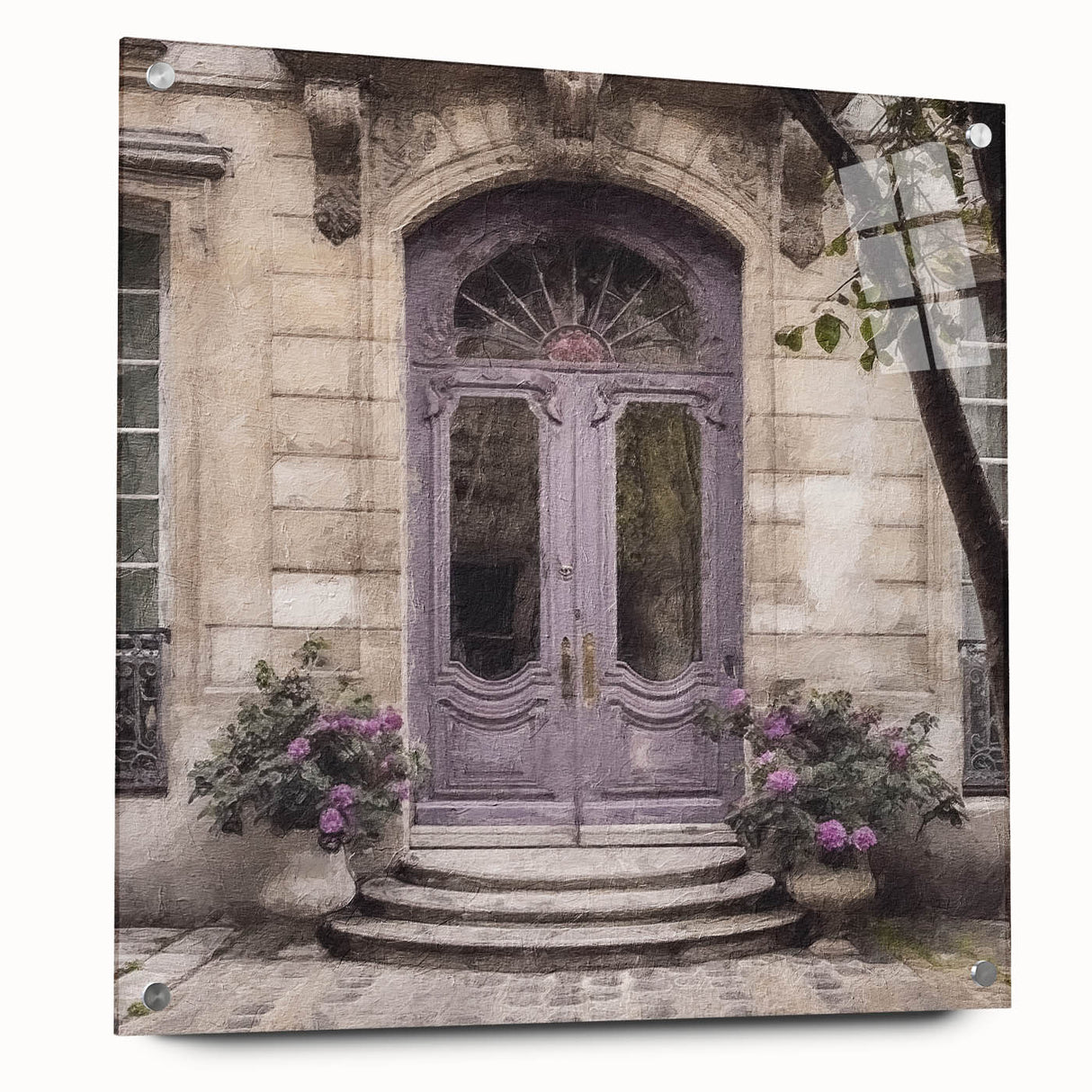 Acrylic print of a large abstract door design in muted gray and blue tones, ideal for dining room art.