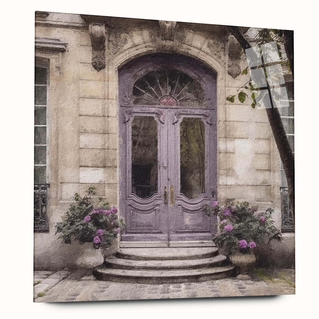 Large abstract wall art print of a French door on acrylic glass, in soft gray and white tones.
