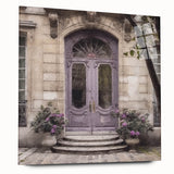Large abstract wall art print of a French door on acrylic glass, in soft gray and white tones.