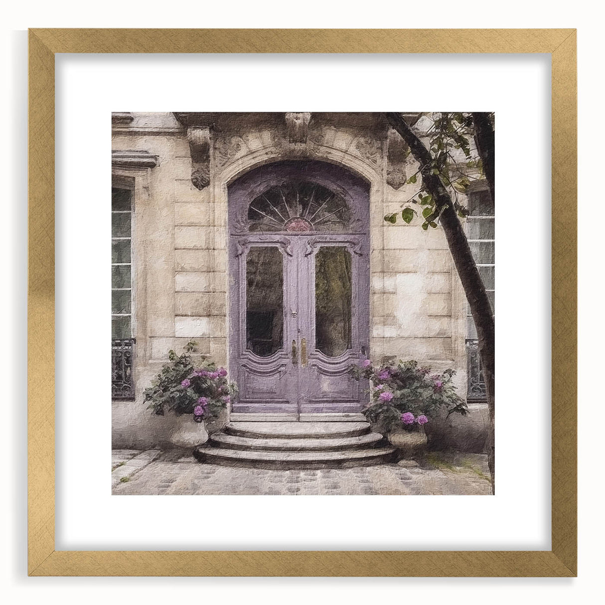 Extra large textured abstract art print featuring a French door design in gold tones, framed with mat.