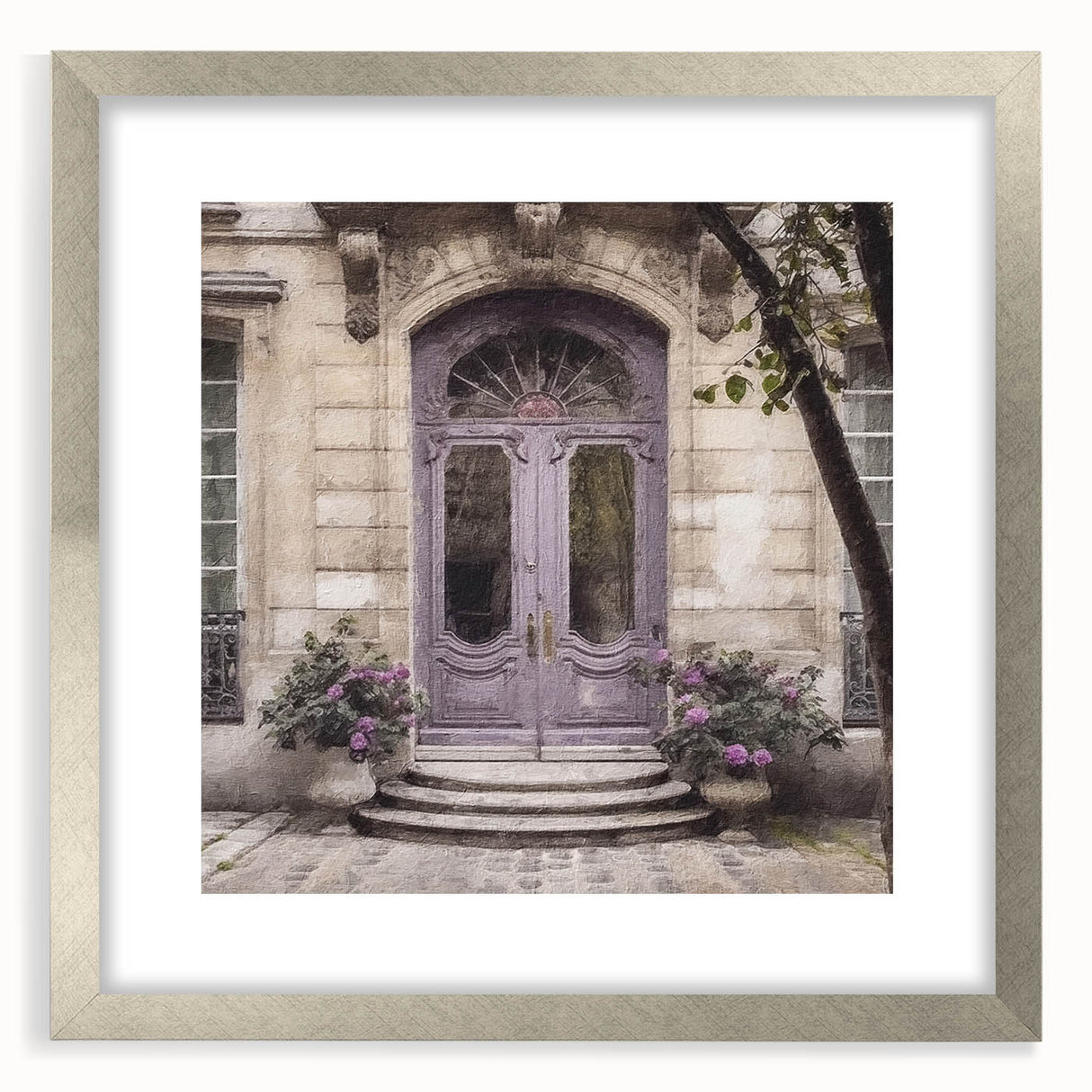 Textured abstract art print of a French door, rendered in muted gray tones on a framed canvas, suitable for bedroom decor.