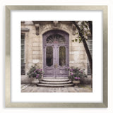 Textured abstract art print of a French door, rendered in muted gray tones on a framed canvas, suitable for bedroom decor.