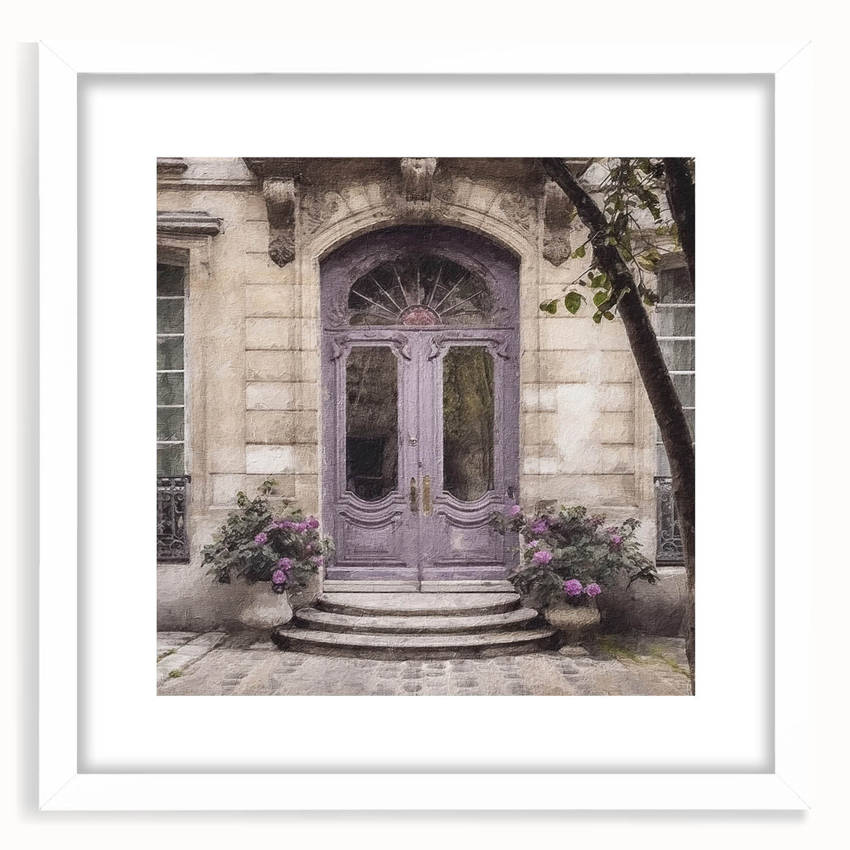 Abstract art print of a French door architecture in black and white, framed with a white mat, suitable for dining room decor.
