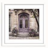 Abstract art print of a French door architecture in black and white, framed with a white mat, suitable for dining room decor.