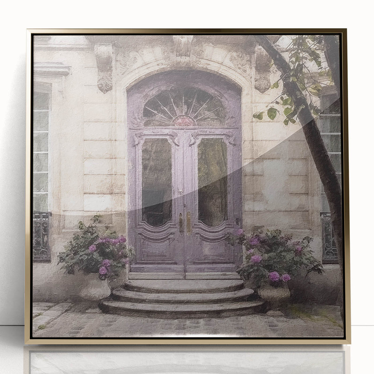 Mid-century modernist acrylic print of a French door, framed in gold, ideal for modern art wall decor.