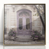 Mid-century modernist acrylic print of a French door, framed in gold, ideal for modern art wall decor.