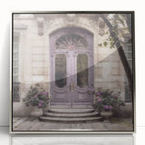 Mid-century modernist art of a French door architecture in silver framed acrylic, suitable for nursery wall decor.