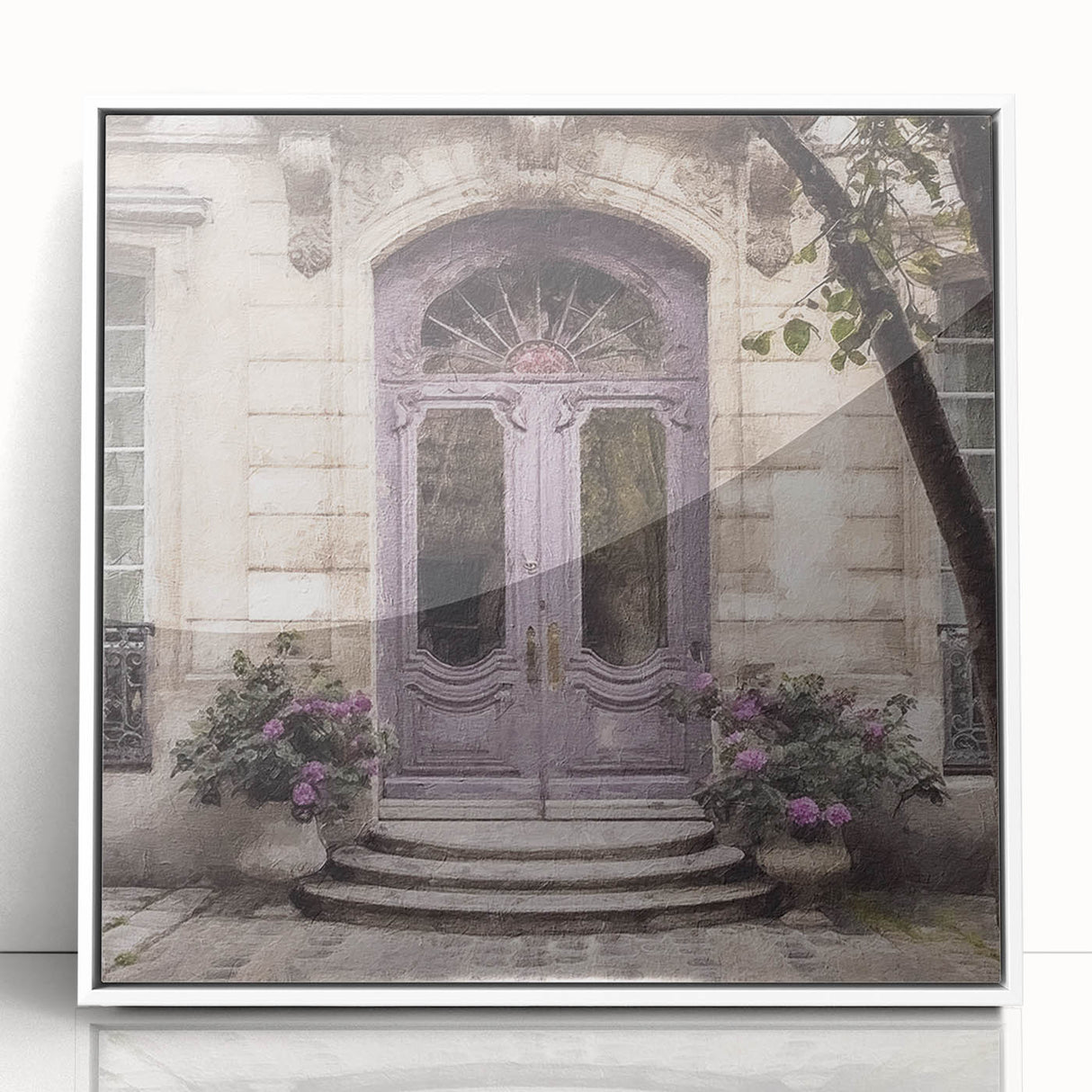 Art Deco style door design poster in a white acrylic frame, featuring geometric patterns and neutral tones.