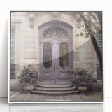 Art Deco style door design poster in a white acrylic frame, featuring geometric patterns and neutral tones.