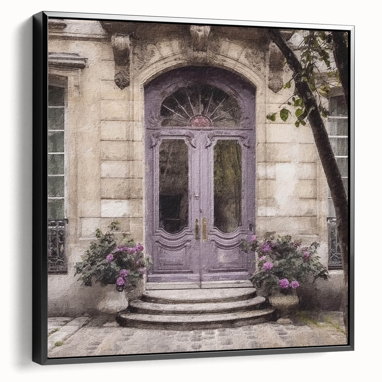 Black and white vintage poster art featuring a French door design on framed canvas, suitable for bedroom wall decor.