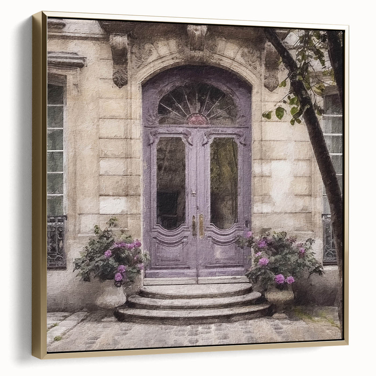 Framed canvas of a vintage-style black and gold French door, ideal for bedroom wall art.