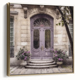 Framed canvas of a vintage-style black and gold French door, ideal for bedroom wall art.