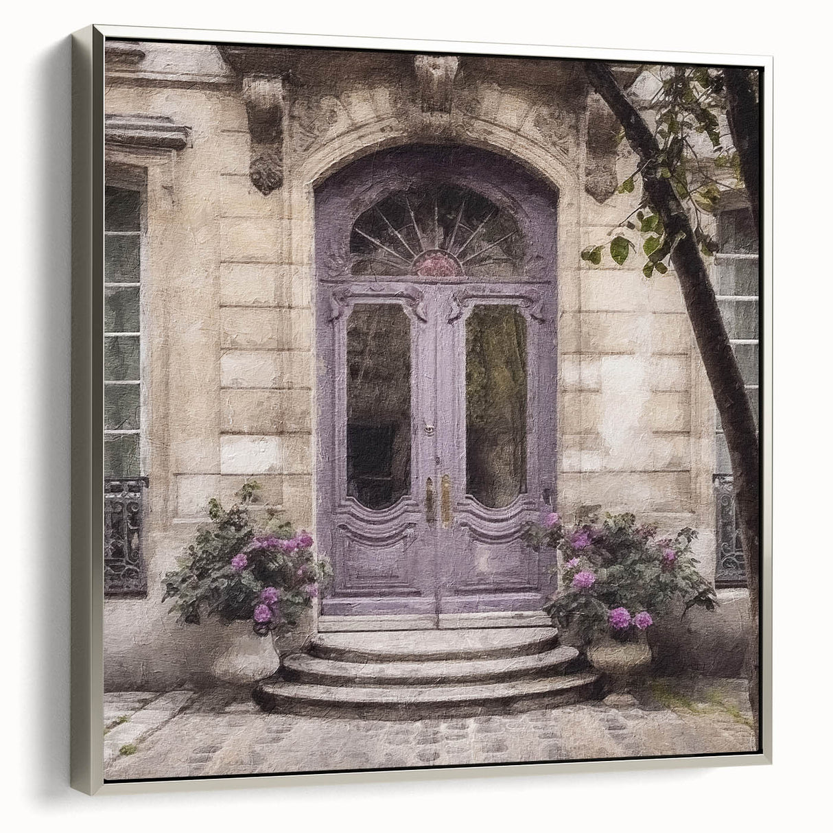 Landscape art painting featuring a vintage French door design on a framed canvas with black and colorful art accents.