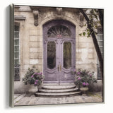 Landscape art painting featuring a vintage French door design on a framed canvas with black and colorful art accents.
