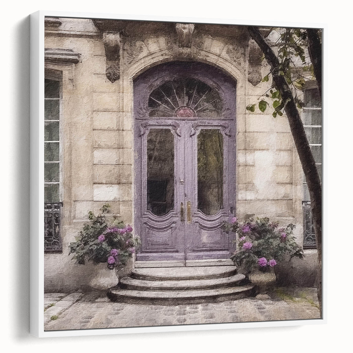 Vintage poster art of a French door in black and colorful tones on a framed canvas, ideal for living room decor.