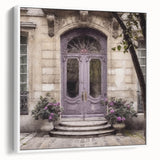 Vintage poster art of a French door in black and colorful tones on a framed canvas, ideal for living room decor.