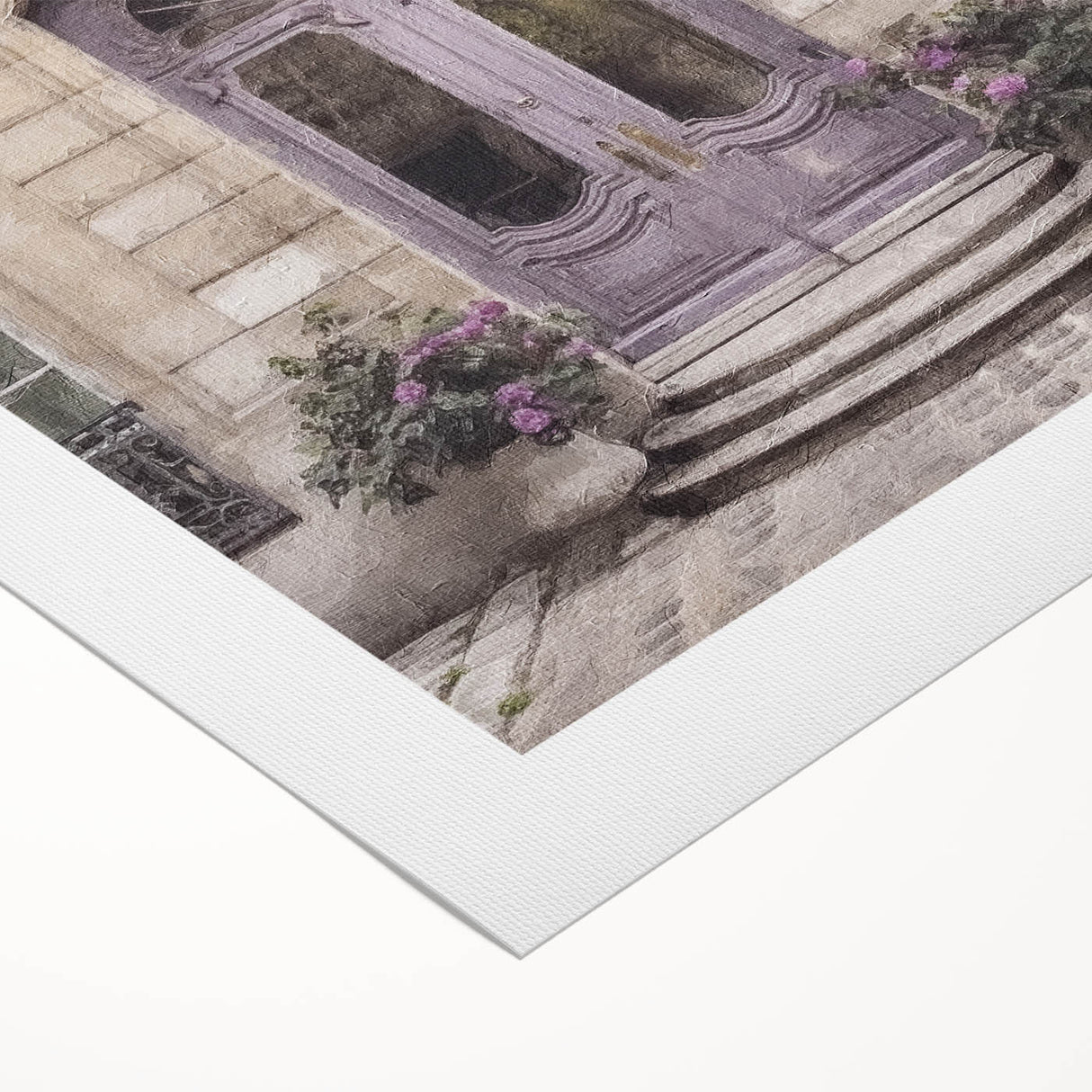 Art deco poster featuring a detailed French door design in muted earth tones on rolled canvas.