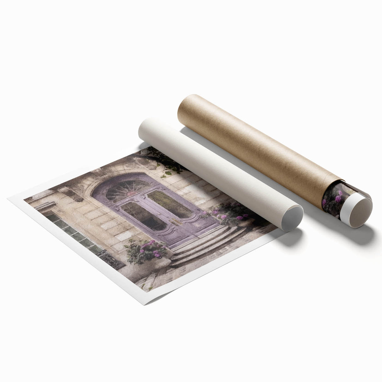 Extra large rolled print featuring a French door design with floral details, ideal for classy bathroom wall art.