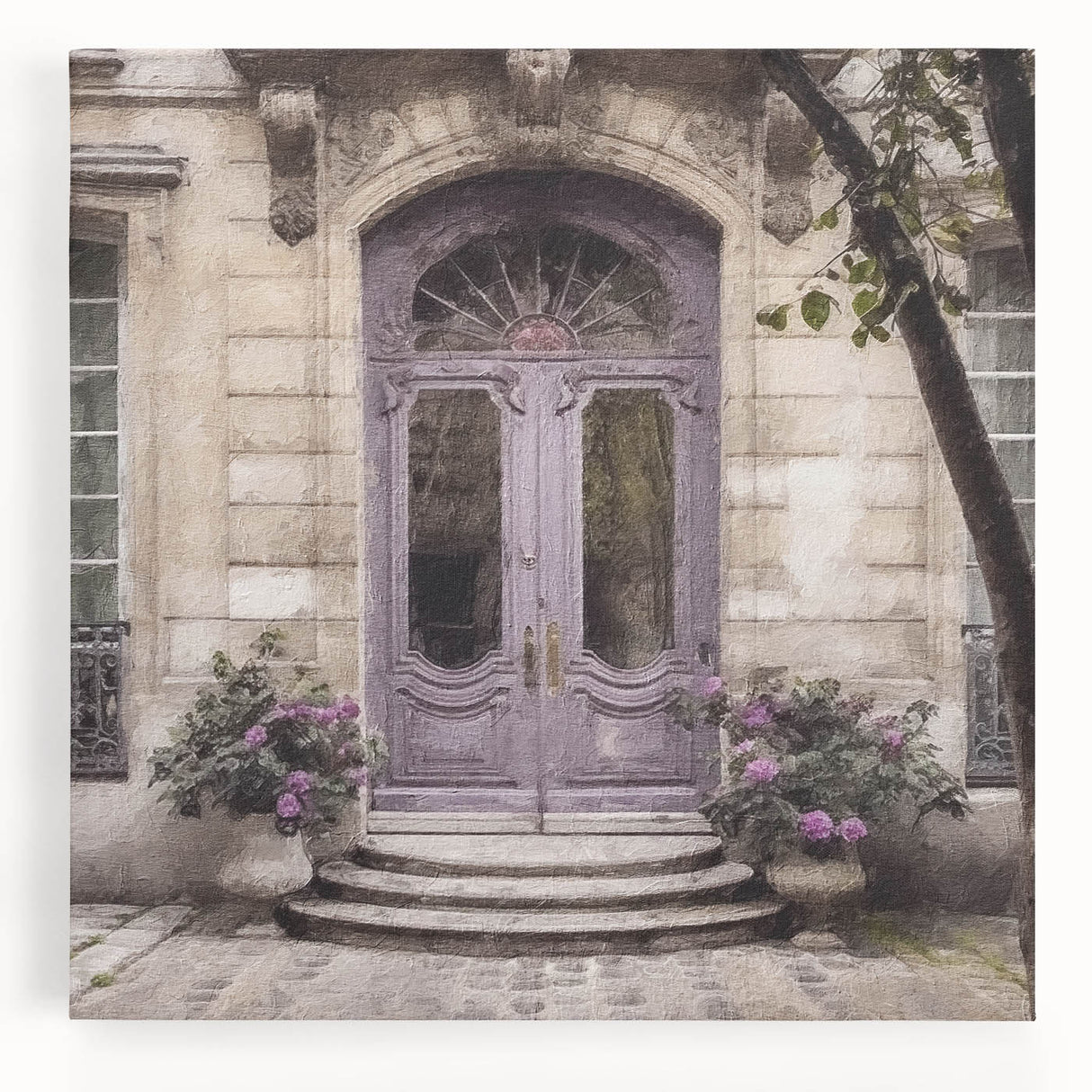 Black and white photograph of a French door design on stretched canvas, ideal for kitchen wall art.