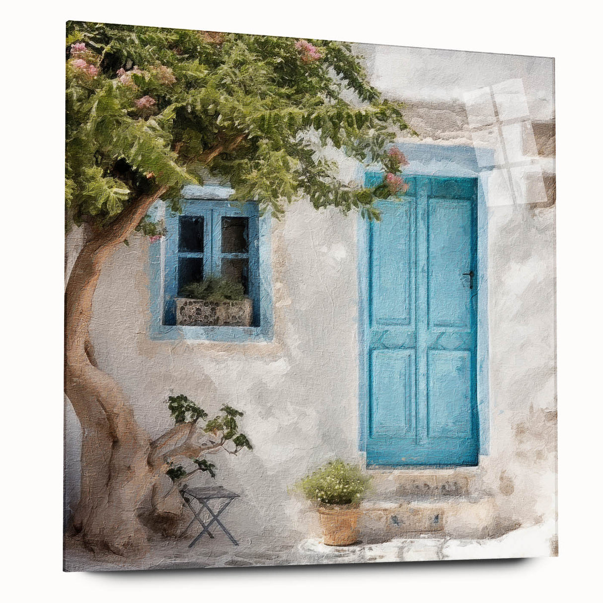 Large abstract wall art of a Greek door design in muted earth tones on acrylic glass, ideal for bedroom or dining room decor.