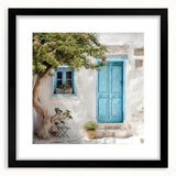 Extra large abstract art print featuring a colorful, textured depiction of a Greek door, framed in black.