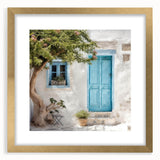 Extra large wall art featuring a textured abstract print of a Greek door in gold and white tones, framed.