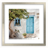 Textured abstract art print of a Greek door, featuring earthy tones on a framed canvas, suitable for bedroom decor.