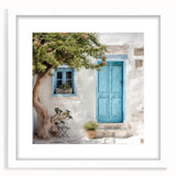 Abstract art print of a Greek door in muted earth tones, framed with a white mat, suitable for dining room decor.