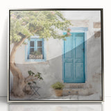 Mid-century modernist art featuring a Greek door design in silver tones on a framed acrylic, ideal for nursery wall decor.