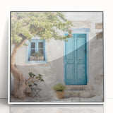 Art Deco style poster of a Greek door architecture in black and white, framed acrylic, ideal for modern art wall decor.