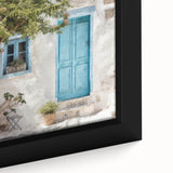 Black wall art featuring a close-up of a textured, colorful Greek door design on a framed canvas.