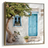 Framed canvas featuring a vintage poster art of a Greek door architecture in silver and gold tones.