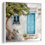 Vintage poster art of a Greek door design on a framed canvas, featuring black and colorful art, ideal for living room decor.