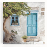 Black and white photograph of a Greek doorway on stretched canvas, suitable as large kitchen wall art.