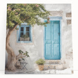 Black and white photo of a Greek architecture door printed on stretched canvas, suitable as kitchen wall art or for bedroom.