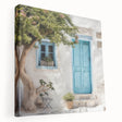 Side view of a large stretched canvas depicting a Greek door design in natural stone colors, suitable for kitchen wall art.
